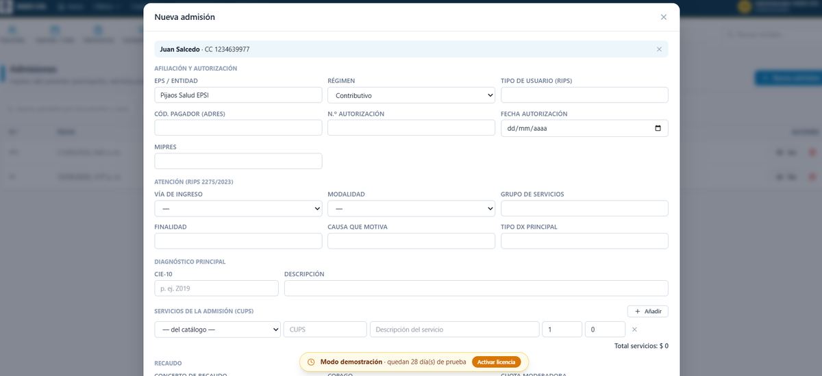 Admisión con datos RIPS 2275/2023